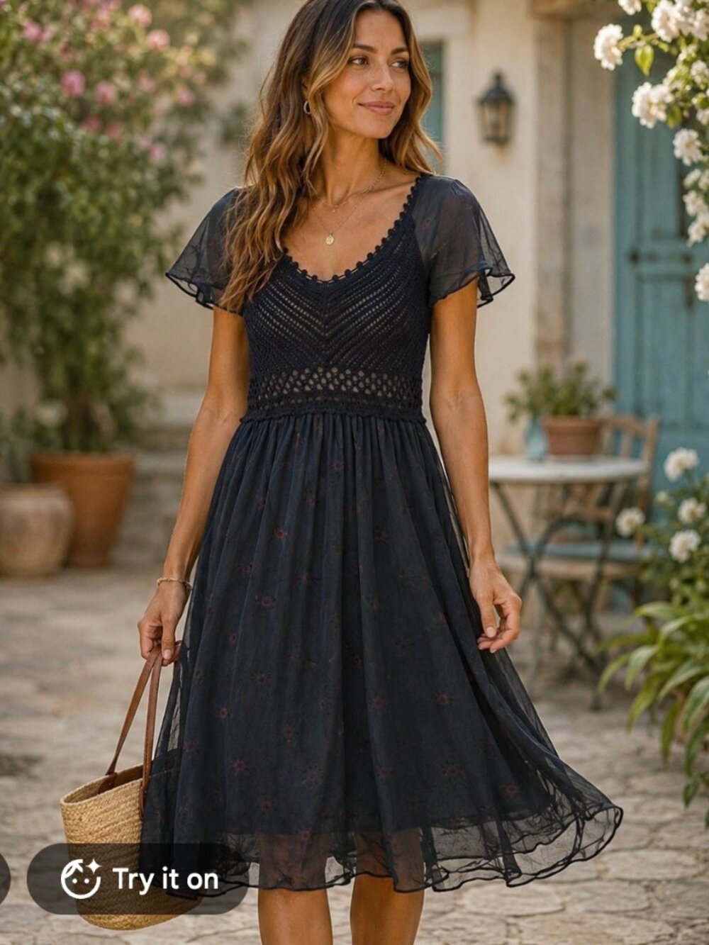 Free People Navy Crochet Bodice Floral Midi Dress Medium NWOT